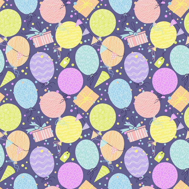 Celebration vector seamless pattern with gift boxes confetti balloons