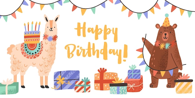 Celebratory card with funny llama and bear holding cake and garland vector flat illustration. Cute animals with gift boxes and bright lettering Happy Birthday isolated. Greeting colorful postcard.