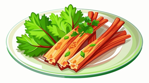 Vector celery sticks with crumbled bacon and parsley on white plate celery bacon appetizer garnish