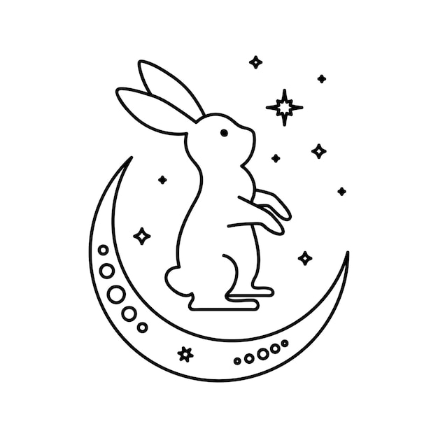 Celestial animal sitting rabbit with moon and stars Magic bunny Black outline magical bunny rabbit