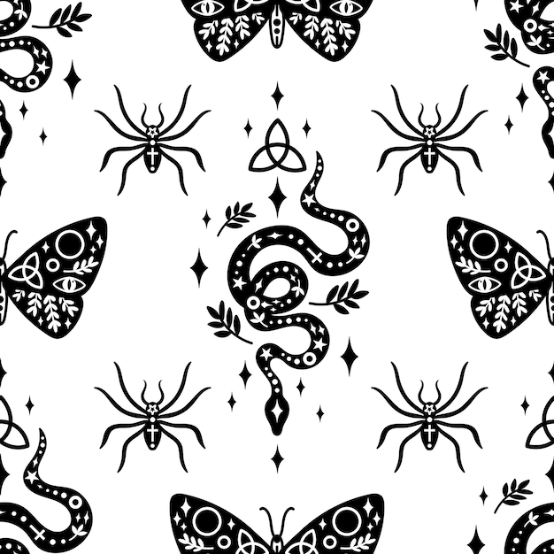 Celestial animals black and white vector seamless pattern. Celestial snake, butterfly, spider