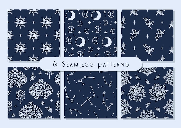 Celestial black and white moon, butterfly, lotus, stars seamless pattern set