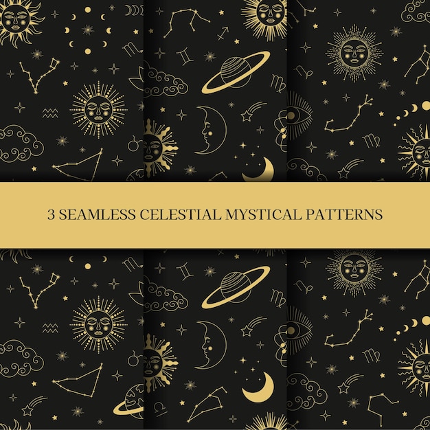 Vector celestial mystical astrology seamless patterns set of celestial mystic esoteric seamless patterns