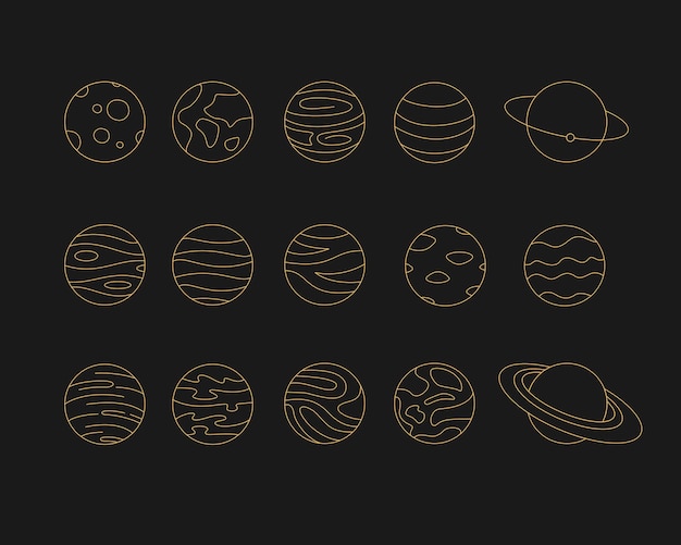 Vector celestial outline set gold planets