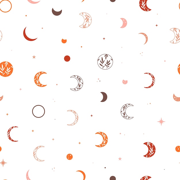 Celestial seamless pattern Floral moon phases with stars White moon background Vector illustration