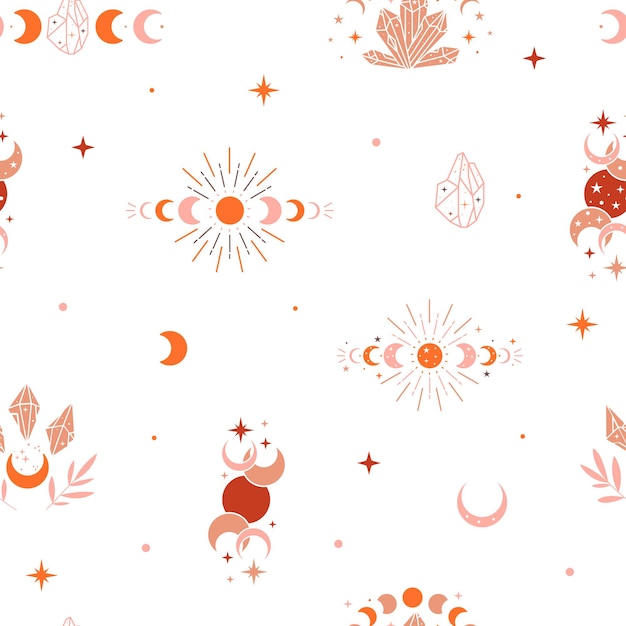 Celestial seamless pattern Moon phases and crystal on white background Mystic vector illustration