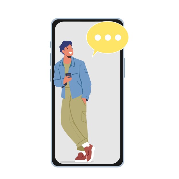 Vector cellphone communication concept smiling male character speak by cellphone teenager with gadget student chatting