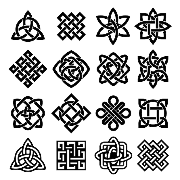 Celtic trinity Irish knot pagan tattoo icon and intertwined line loop Interconnection silhouette vector symbol set