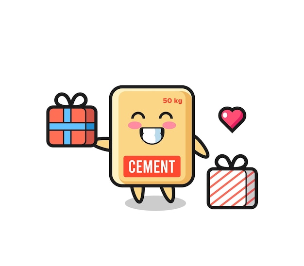 Cement sack mascot cartoon giving the gift cute design