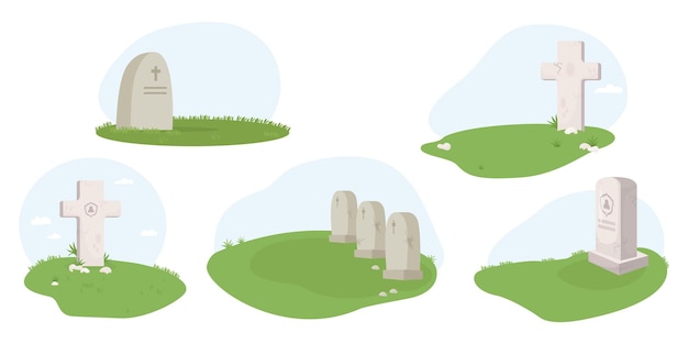 Vector cemetery collection of grave crosses tombstones stone graves in grass isolated vector illustration