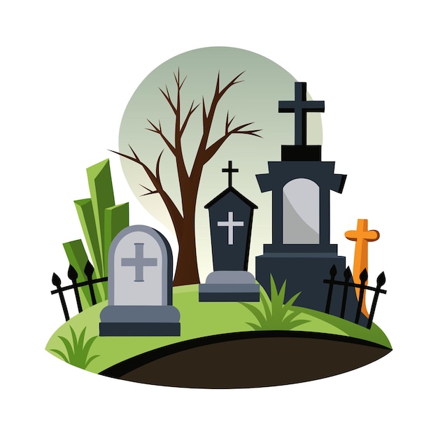 Vector cemetery graveyard scene on white background