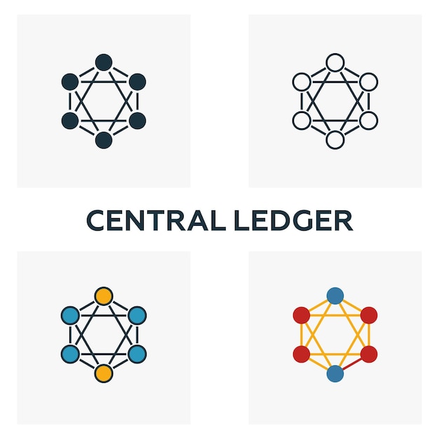 Central Ledger icon set Four elements in diferent styles from blockchain icons collection Creative central ledger icons filled outline colored and flat symbols