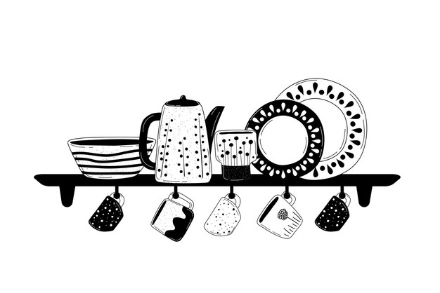 Vector ceramic cooking crockery decorative handmade kitchen utensils or tableware such as plates cups dishes cookware for food preparing serving and decoration design hand drawn vector illustration