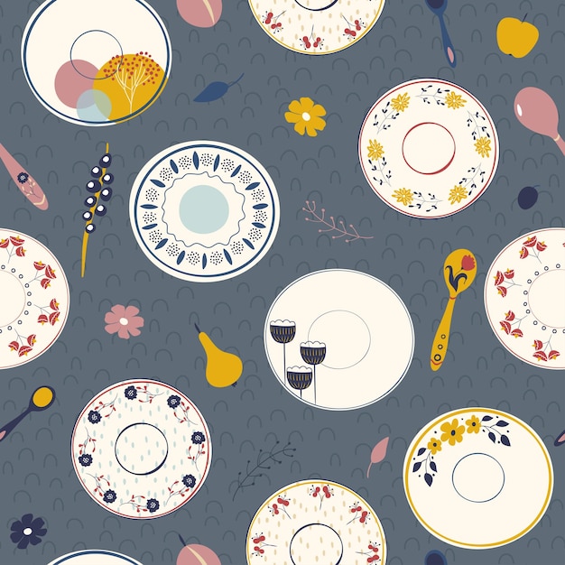 Ceramic dishes, beautiful dishes with a floral pattern. Seamless pattern