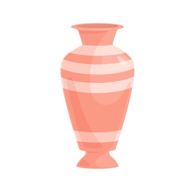 Ceramic flower vase. Empty glossy enameled porcelain vessel with stripes. Modern dyed pottery. Realistic decorative crockery. Flat cartoon vector illustration isolated on white background.