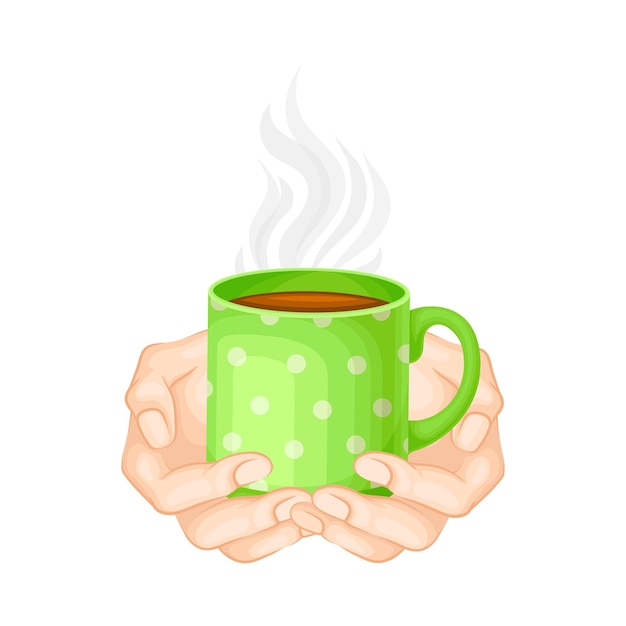 Vector ceramic mug full of steaming brewed tea or coffee hold by human hands vector illustration