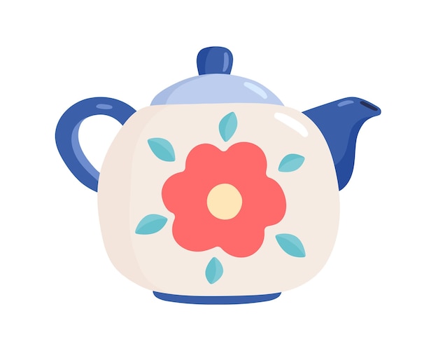 Ceramic teapot. Tea kettle in retro style. Flat vector illustration.