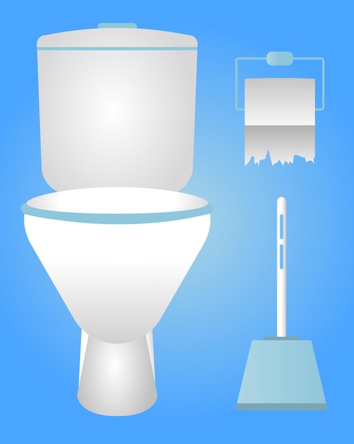 Ceramic toilet with toilet paper, brush. Home interior. Vector illustration