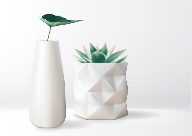 Vector ceramic vase geometric planter with tropical leaves and succulents