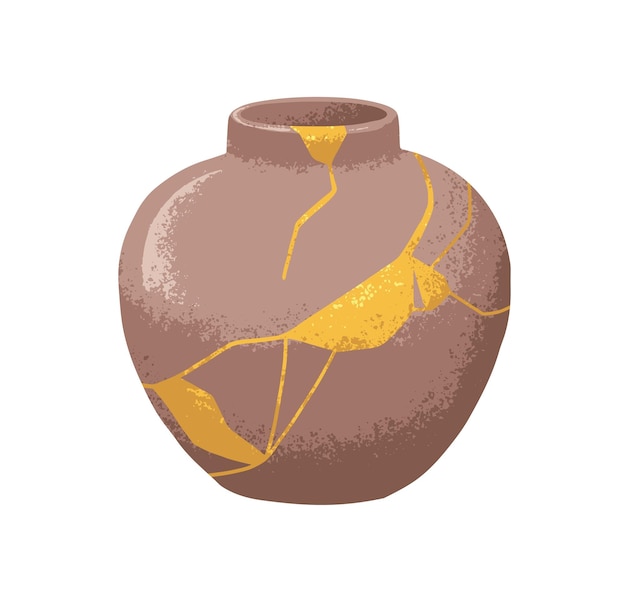 Ceramic vase in kintsugi vintage style. Asian oriental pottery with mending golden lines, pattern. Antique Chinese reborn repaired porcelain. Flat vector illustration isolated on white background.