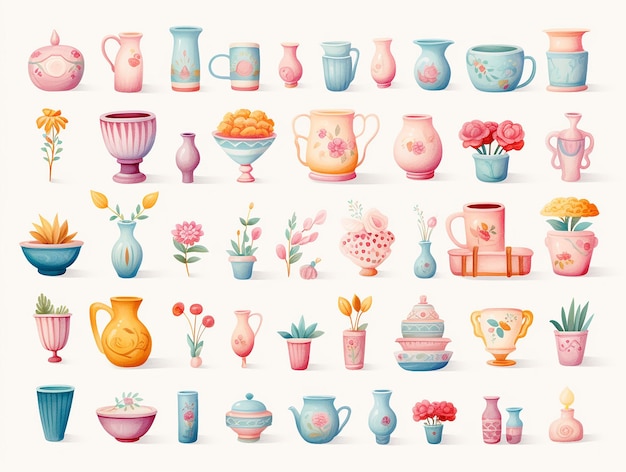 Ceramic vases collection Colored ceramics vase objects antique pottery cups with flowers floral and abstract patterns isolated on white vector illustration