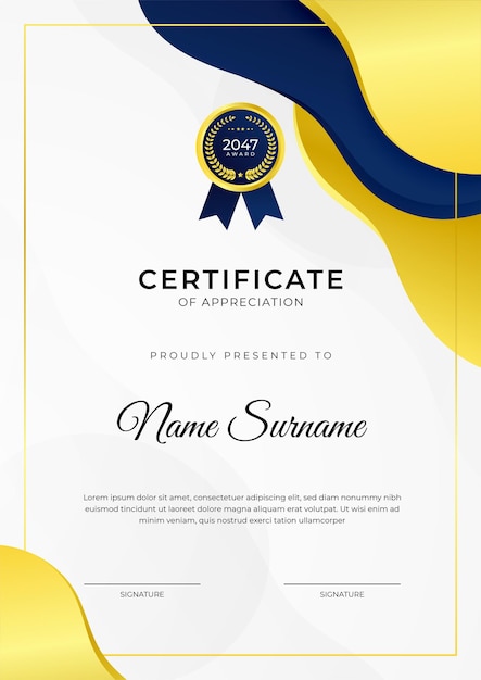 Certificate of achievement blue template design with gold badge and border for business award honor and school