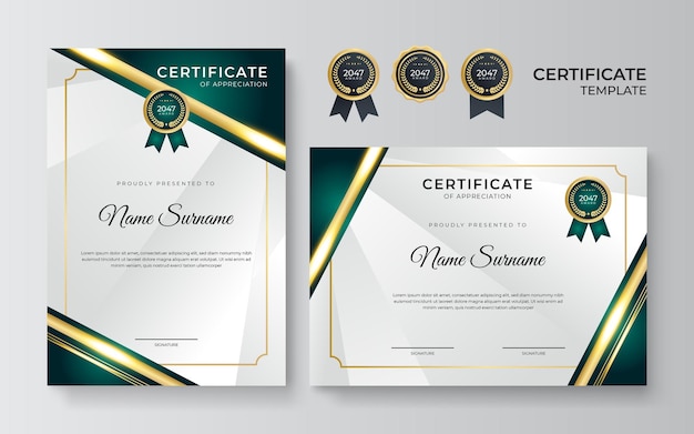 Certificate of achievement border design templates with elements of luxury gold badges, green shapes, and modern line patterns. Vector graphic print layout can use for award, appreciation, education