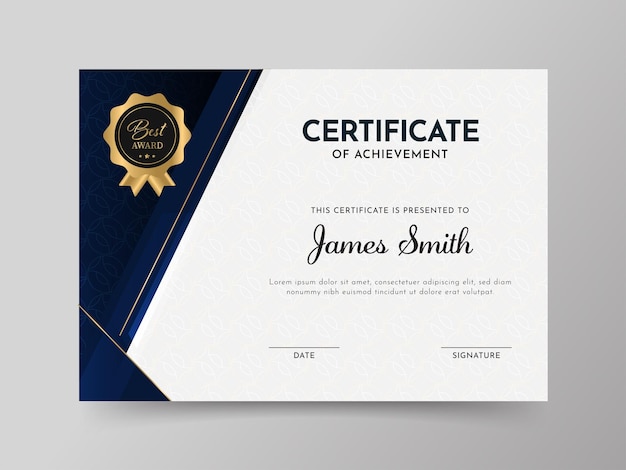 Certificate Of Achievement Template Layout With Golden Badge In White And Blue Color