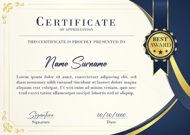 A certificate of appreciation blue and gold certificate of achievement template set gold badge