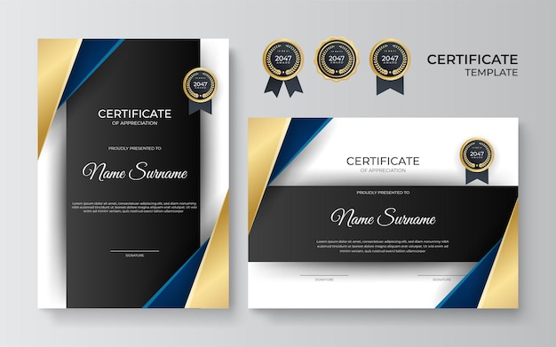 Certificate of appreciation template, gold, black and blue color. Clean modern certificate with gold badge. Certificate border template with luxury and modern line pattern. Diploma vector template