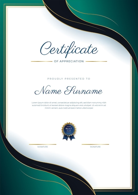 Certificate of appreciation template gold and black green color Clean modern certificate with gold badge Certificate border template with luxury and modern line pattern Diploma vector template