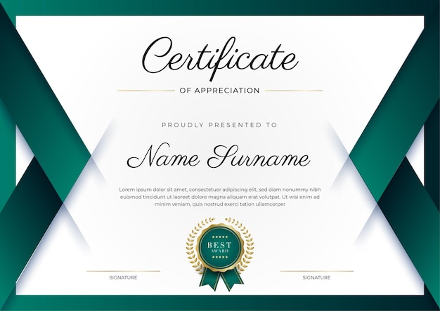 Certificate of appreciation template gold and black green color Clean modern certificate with gold badge Certificate border template with luxury and modern line pattern Diploma vector template