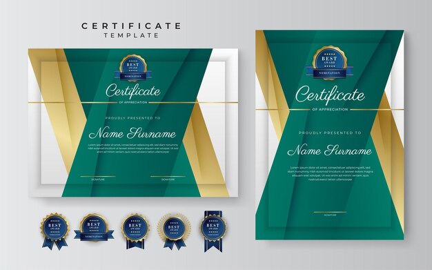 Certificate of appreciation template gold and black green color Clean modern certificate with gold badge Certificate border template with luxury and modern line pattern Diploma vector template