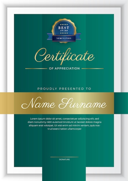 Certificate of appreciation template gold and black green color Clean modern certificate with gold badge Certificate border template with luxury and modern line pattern Diploma vector template