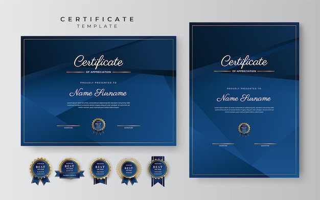 Certificate of appreciation template gold and blue color Clean modern certificate with gold badge Certificate border template with luxury and modern line pattern Diploma vector template