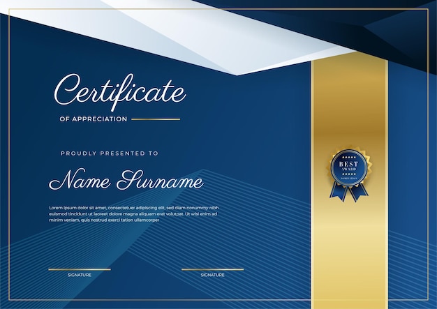 Certificate of appreciation template gold and blue color Clean modern certificate with gold badge Certificate border template with luxury and modern line pattern Diploma vector template