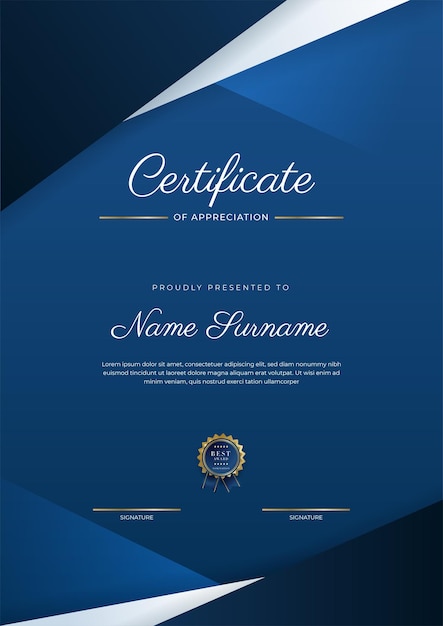 Certificate of appreciation template gold and blue color Clean modern certificate with gold badge Certificate border template with luxury and modern line pattern Diploma vector template