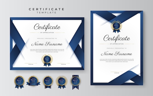 Certificate of appreciation template gold and blue color Clean modern certificate with gold badge Certificate border template with luxury and modern line pattern Diploma vector template