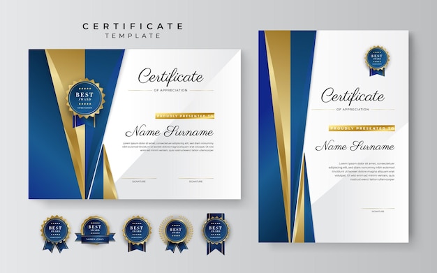 Certificate of appreciation template gold and blue color Clean modern certificate with gold badge Certificate border template with luxury and modern line pattern Diploma vector template