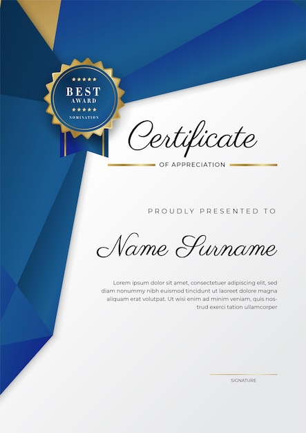 Certificate of appreciation template gold and blue color Clean modern certificate with gold badge Certificate border template with luxury and modern line pattern Diploma vector template