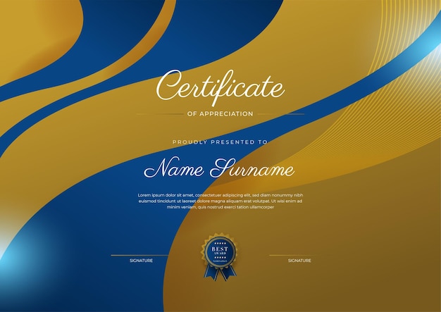 Certificate of appreciation template gold and blue color Clean modern certificate with gold badge Certificate border template with luxury and modern line pattern Diploma vector template