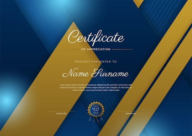 Certificate of appreciation template gold and blue color Clean modern certificate with gold badge Certificate border template with luxury and modern line pattern Diploma vector template