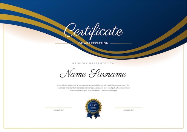 Certificate of appreciation template gold and blue color Clean modern certificate with gold badge Certificate border template with luxury and modern line pattern Diploma vector template