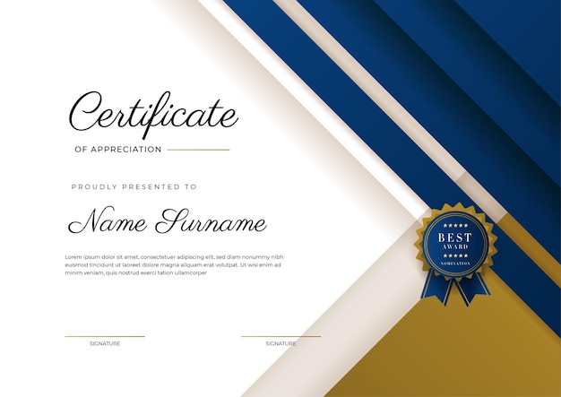 Certificate of appreciation template gold and blue color Clean modern certificate with gold badge Certificate border template with luxury and modern line pattern Diploma vector template