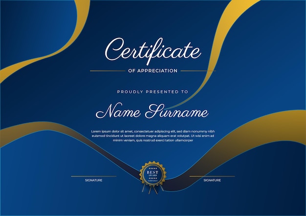 Certificate of appreciation template gold and blue color Clean modern certificate with gold badge Certificate border template with luxury and modern line pattern Diploma vector template