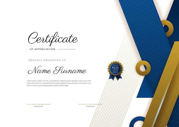 Certificate of appreciation template gold and blue color Clean modern certificate with gold badge Certificate border template with luxury and modern line pattern Diploma vector template