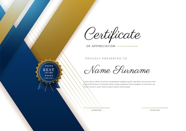 Certificate of appreciation template gold and blue color Clean modern certificate with gold badge Certificate border template with luxury and modern line pattern Diploma vector template