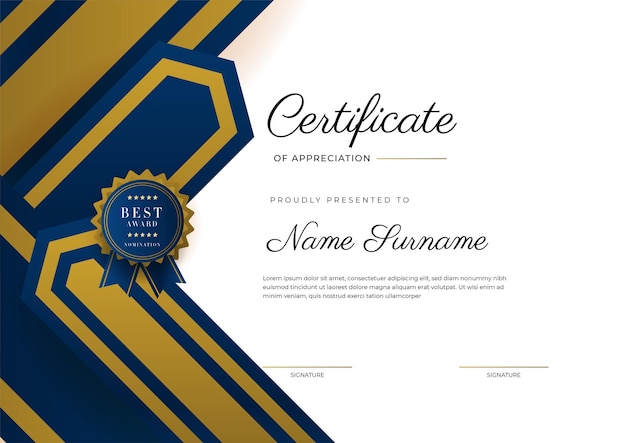 Certificate of appreciation template gold and blue color Clean modern certificate with gold badge Certificate border template with luxury and modern line pattern Diploma vector template