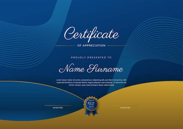 Certificate of appreciation template gold and blue color Clean modern certificate with gold badge Certificate border template with luxury and modern line pattern Diploma vector template