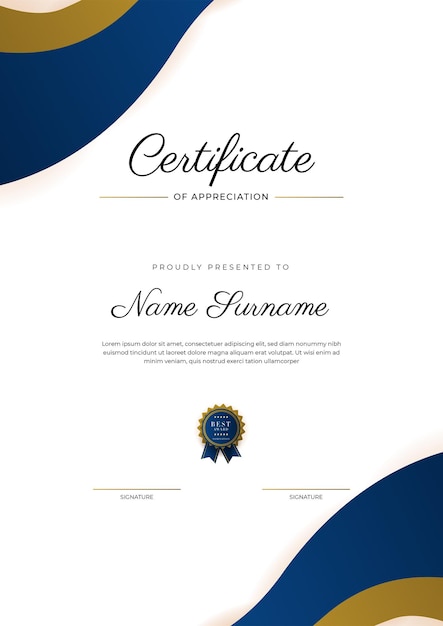 Certificate of appreciation template gold and blue color Clean modern certificate with gold badge Certificate border template with luxury and modern line pattern Diploma vector template